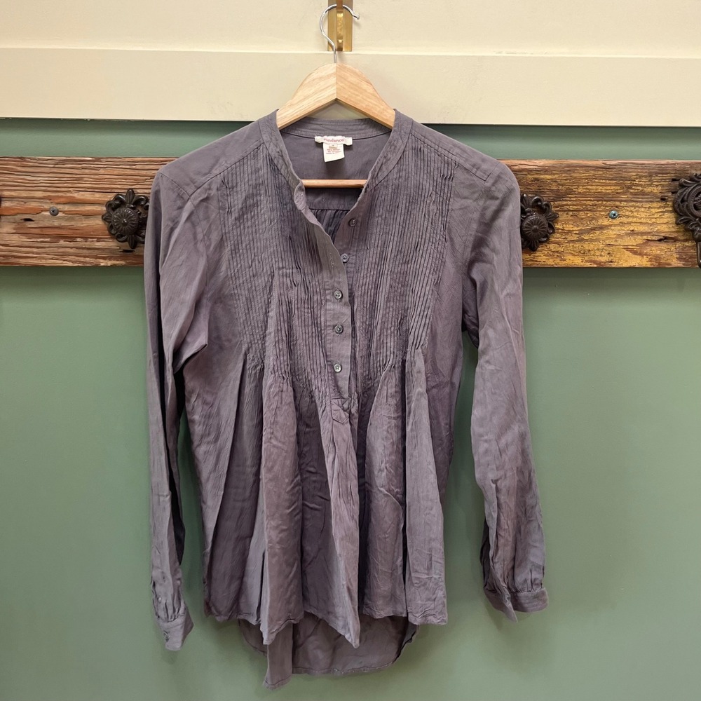 Sundance Womens Gray Pintuck Pleated Rayon Blouse Long Sleeve Band Collar Small